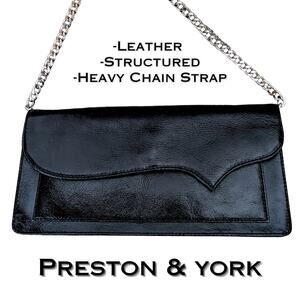 Preston & York Black Leather Shoulder Evening Bag Silver Chain Strap Structured